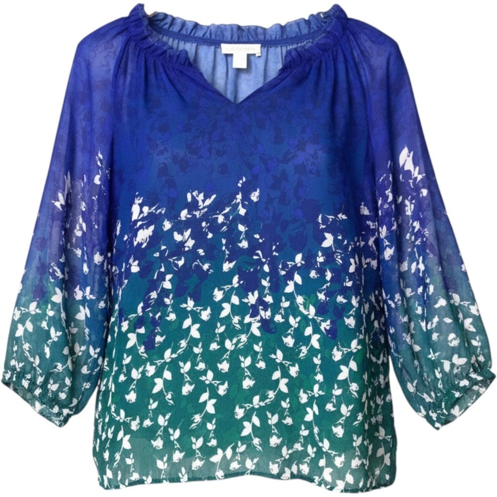 VTG Coldwater Creek Blouse Set Womens L 14 Butterfly Cami Sheer Green Blue Top